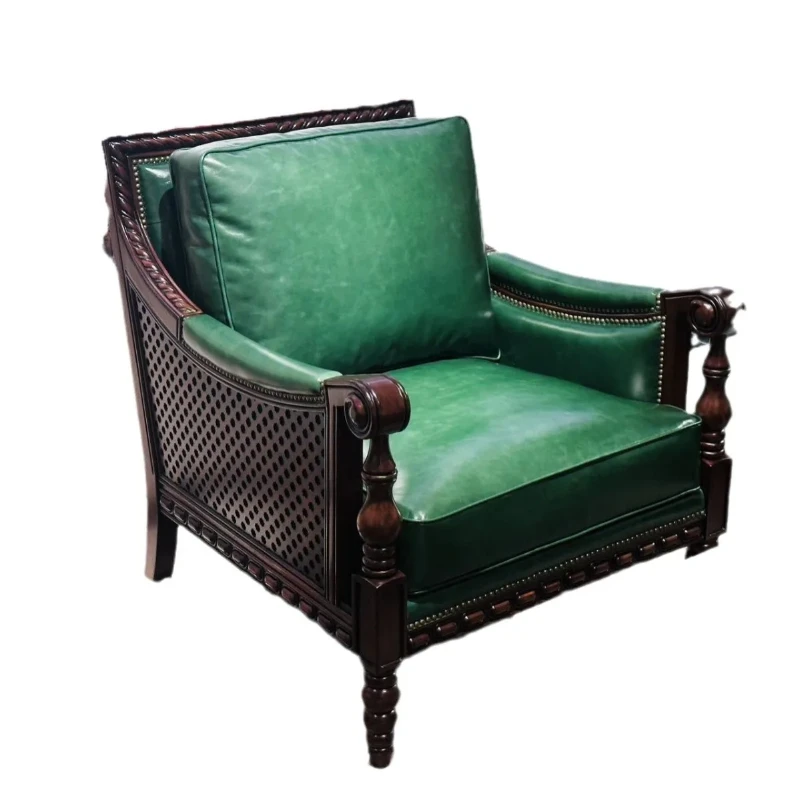 

Deep dark green first-layer cowhide sofa | American retro solid wood frame defines the calm and luxurious atmosphere of living