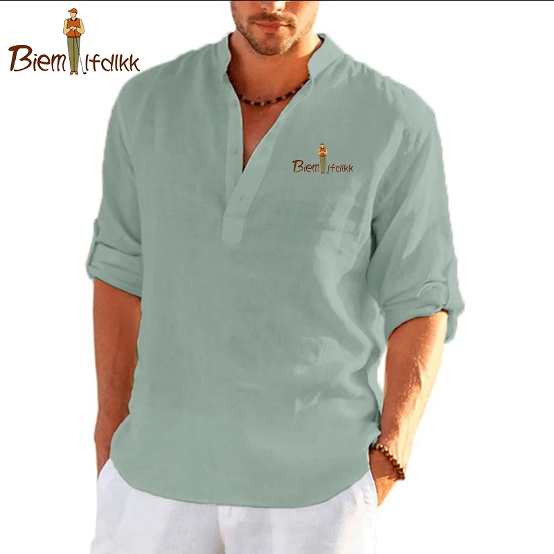 Embroidery Brand High Elasticity Men Spring/Summer New Long Sleeved 100%Cotton Linen Shirt Business Casual Loose Fitting T-shirt