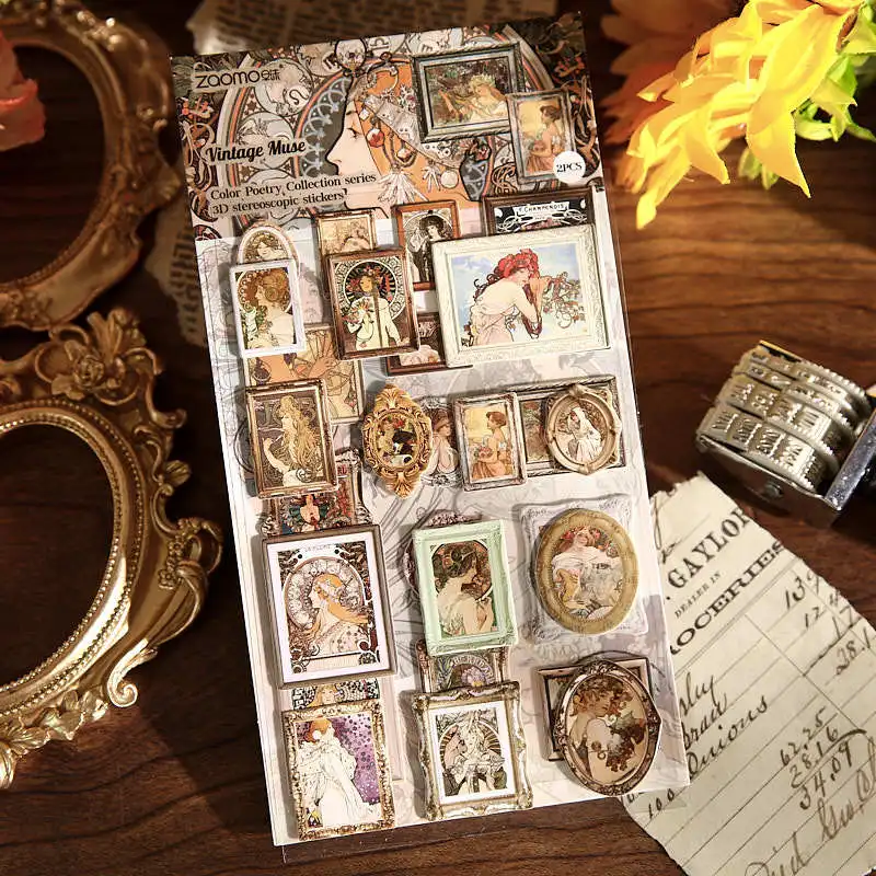 2 pcs Vintage 3D Oil Painting Stickers, DIY Handmade Album Scrapbooking Decorative Paper Supplies - view 2