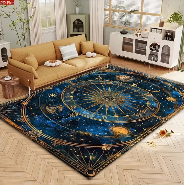 Vintage Celestial Astrology Star Chart Compass Rug Deep Blue Gold Non-Slip Carpet Floor Mat Suitable for Living Room Bedroom Home Decoration