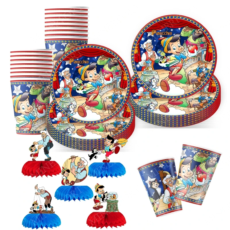 Vajilla temática de las aventuras del Pinocho, plato y vaso de papel, adorno para magdalenas para decoración de fiesta de Baby Shower, suministros para fiestas para niñas