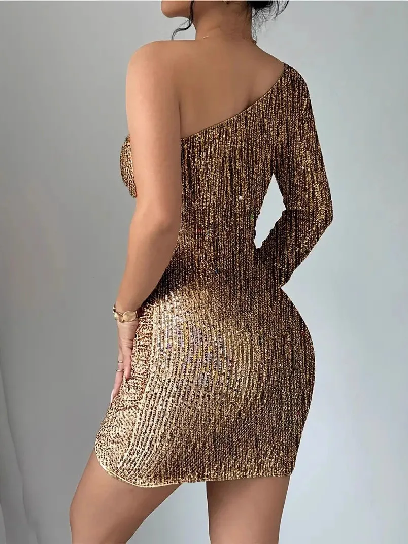 Sexy oulder fente longue Sve moulante Dr or paillettes ort jupe femmes Faion printemps automne Dr brillant Polyester Fiber