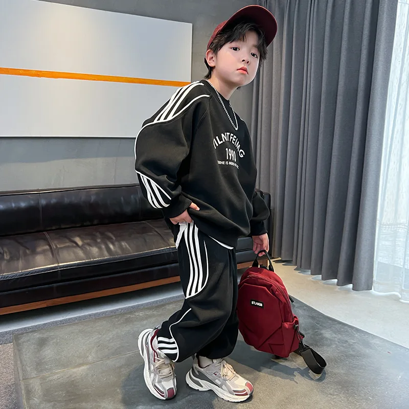 2025 Junior Boy Spring Two-piece Clothes Sporty Set Letter Printed Pullovers Side Pocket Track Pants 4-12Y Children Boys Outfits