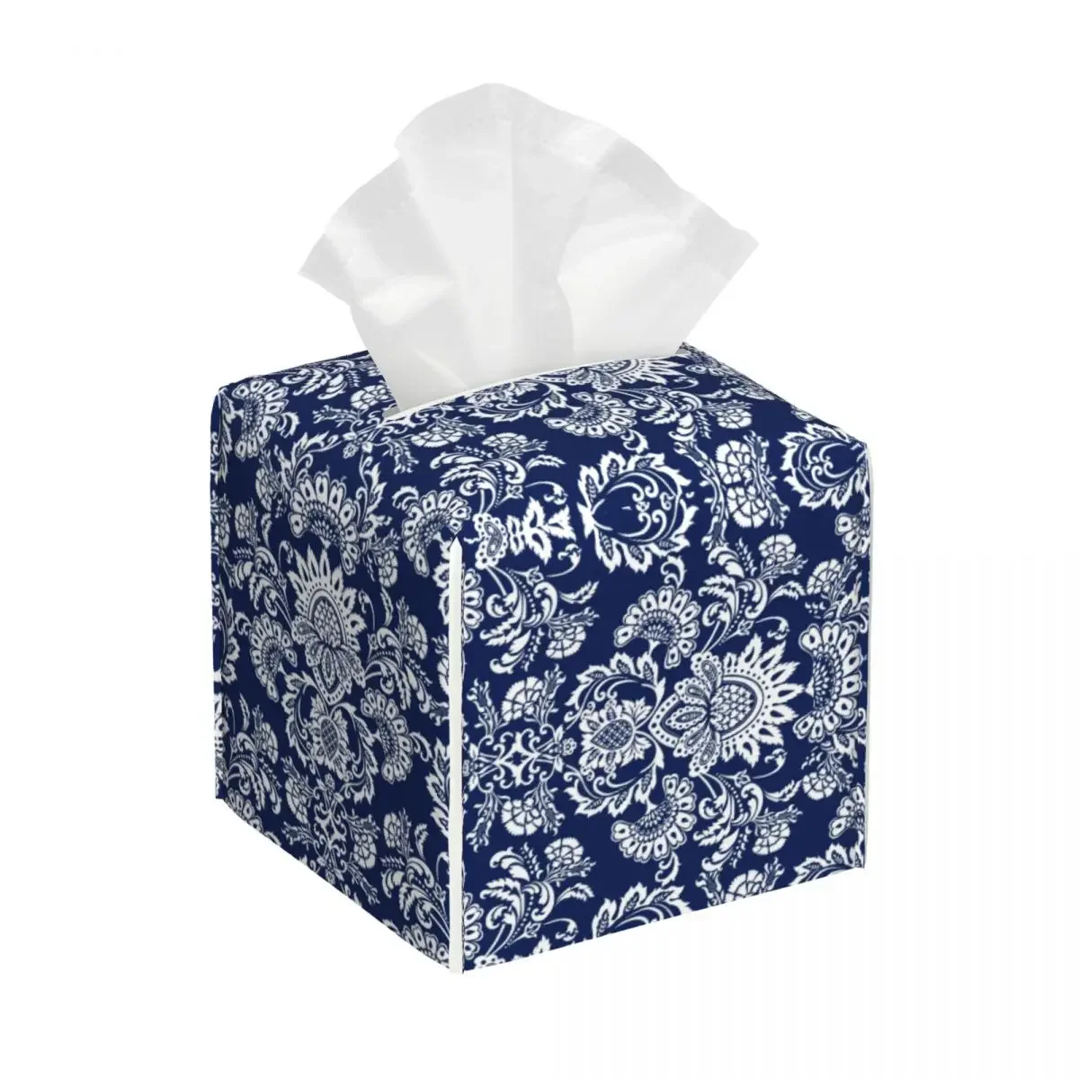 Custom White And Blue Damask Tissue Box Cover PU Leather Square Bohemian Floral Paisley Style Facial Tissues Holder for Home