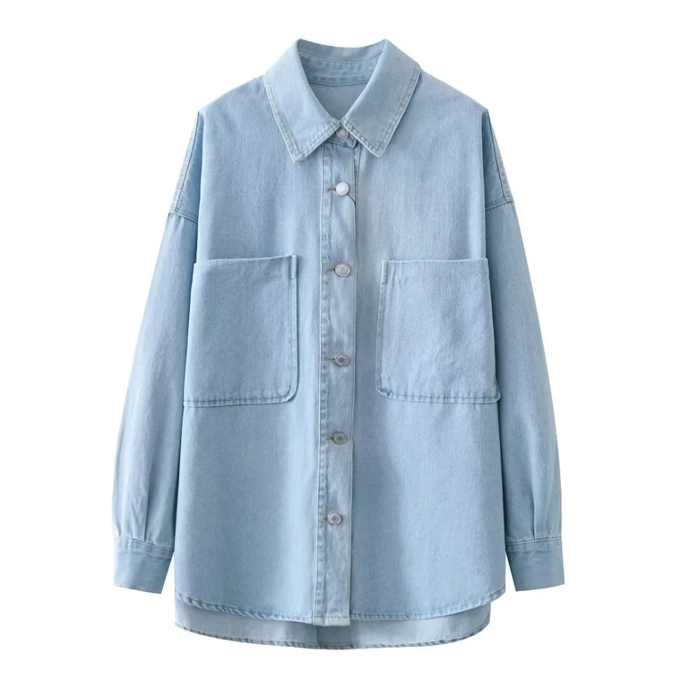 TRAF ZR Classic Pleated Long Sleeve Denim Overshirt Front Botton Loose Fit Women Top Basic Lapeled Outerwear with Back Pleat Y2K