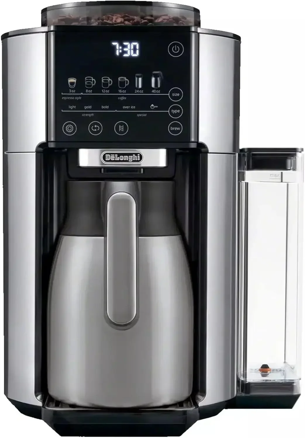 De'Longhi TrueBrew Drip Coffee Maker,Built in Grinder,Single Serve,8 oz to 24 oz with 40 oz Carafe,Hot or Iced Coffee,Stainless