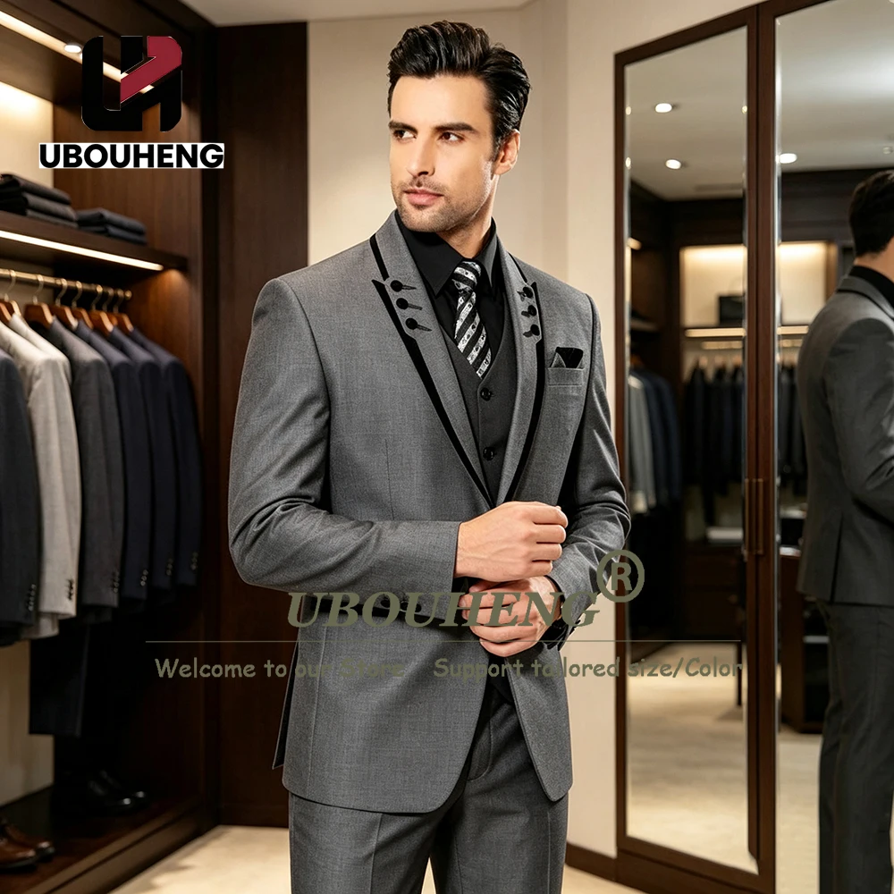 Classic Business Suits Mens 3 Pieces Sets Black Lapel Blazer Customized Man Dinner Party Tuxedo Attire Slim Fit Costumes Hommes