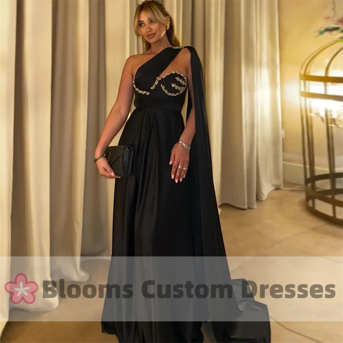 

Blooms Elegant Sleeveless Evening Dresses One Shoulder Beadings Side Split Floor Length Draped Black Prom Dresses Party Dress