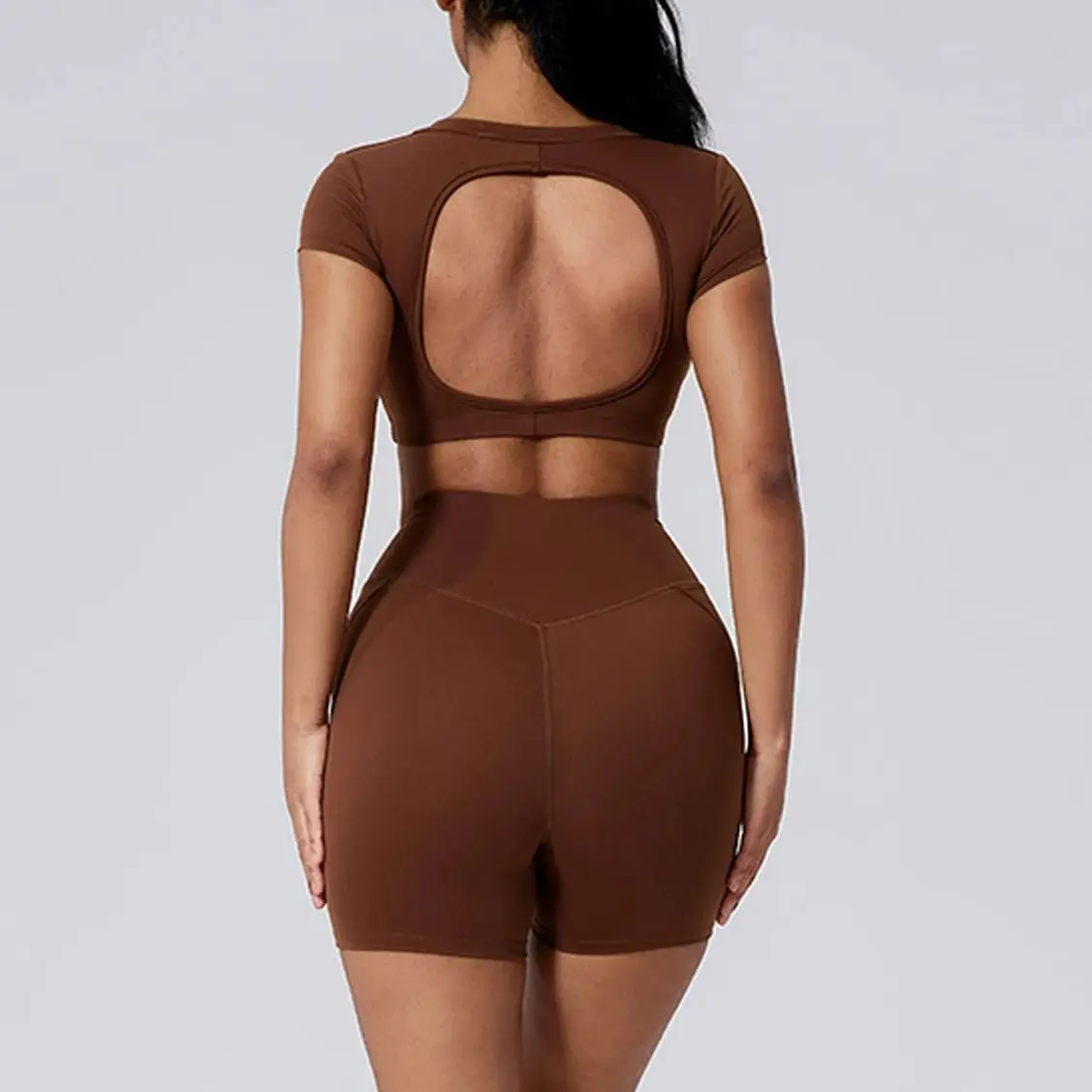 Women Outdoor Sports Sets Deep V Crop Tops Shorts Tracksuits Gym Running Training Yoga Suits Tops Short Leggins Tights 2 Pieces