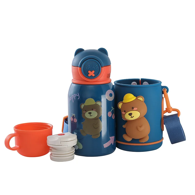 Kinder Thermos Tasse Kreative Cartoon Dreidimensionale Drücken Sound Puppe Denkt Student Topf Elastische Deckel Stroh