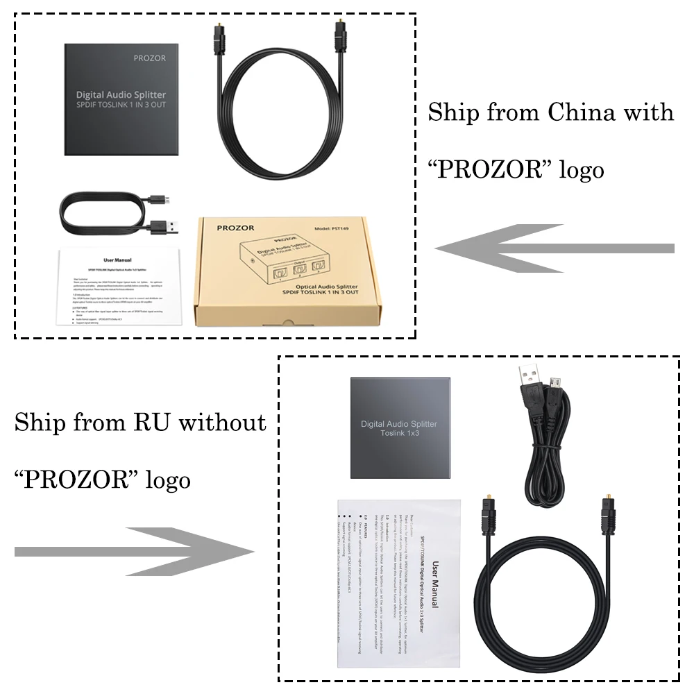 PROZOR 3 Way Spdif Toslink Optical Digital Audio Splitter One input 3 Outputs Optical Splitter Support for LPCM2.0 DTS -AC3