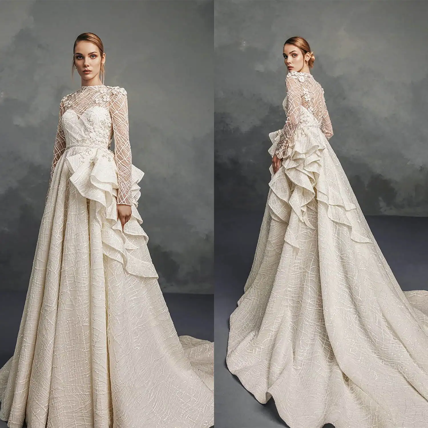 Elegant  Wedding Dresses Appliques Lace-Up Long Sleeve Sweep Train  Princess Bride Wedding Dress Customized