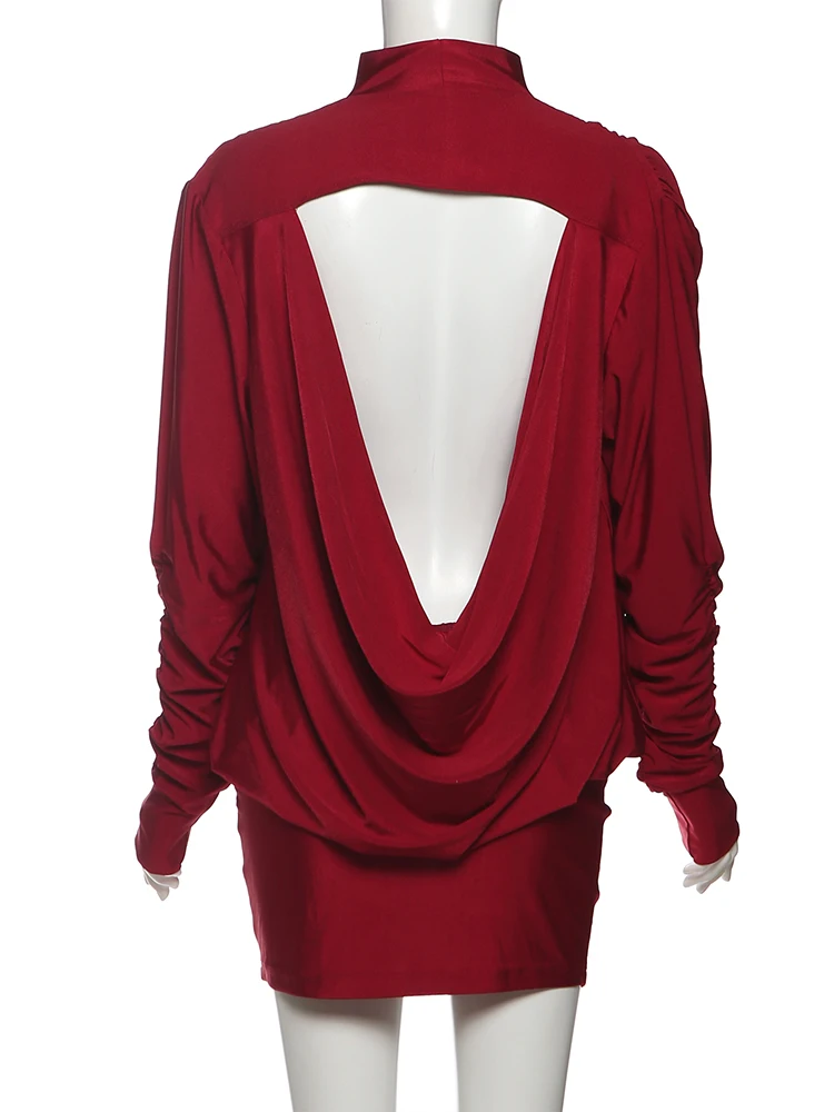 클리우 섹시 백리스 미니 드레스 여성 가을 트렌드 터틀넥 긴팔 핫걸 미드나잇 생일 파티 루치드 엘레강스 바디콘