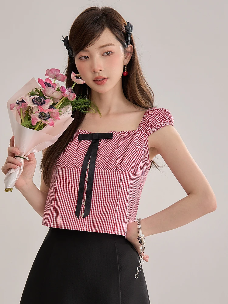 

Летний женский топ Lycheerose из смесового хлопка в красную клетку, с узором «узелок», дизайн Sensation, верхняя одежда