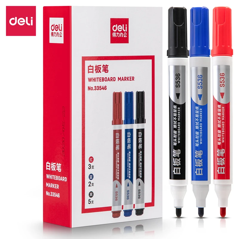 10Pcs Deli 33546 Mixed Pack Whiteboard Pen Black Red Blue Ink School Student Supplies Stationery