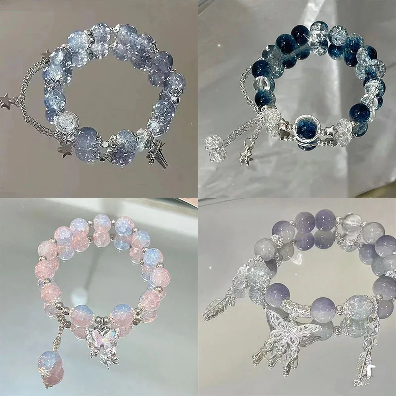 فراشة نجمة القمر زهرة قلادة المزجج سوار مع الخرز الملون الجمال التبعي محظوظ سوار مجوهرات هدية سلسلة من الخرز #1