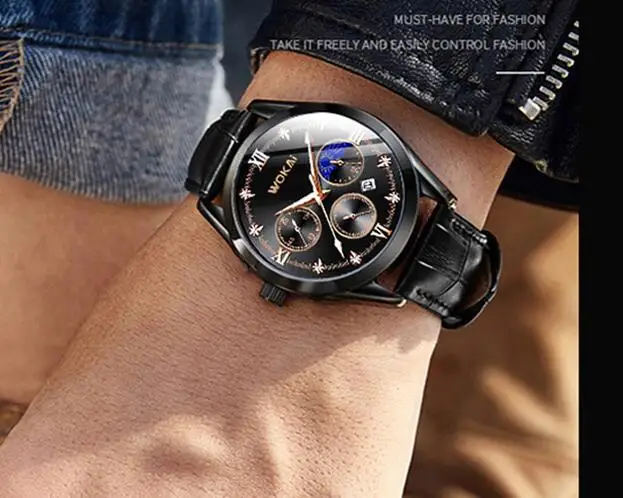 

High-end luxury rhinestone men's quartz hand calendar leather belt men's watch