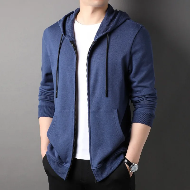 2023 Autumn and Winter Men's Hooded Patchwork Pockets Zipper Drawstring Solid Color Loose Casual Commuter Long Sleeved Coat