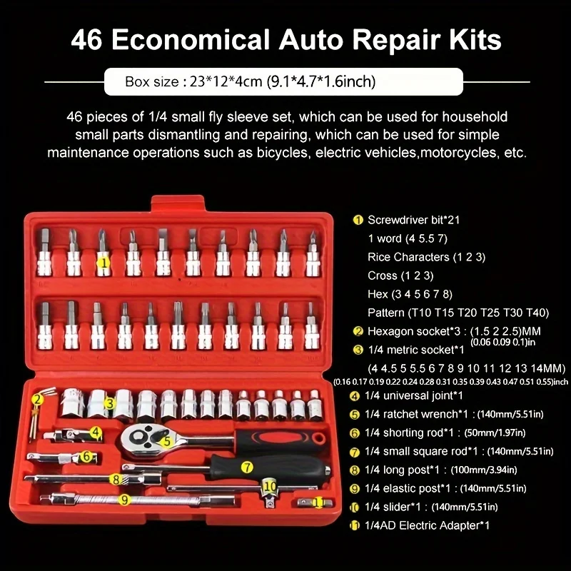 46pcs Auto Reparatie Tool Kit Ratel Momentsleutel Spanner Schroevendraaier Socket Set Combo Gereedschap Kit Fiets Auto Repareren Tool Mech