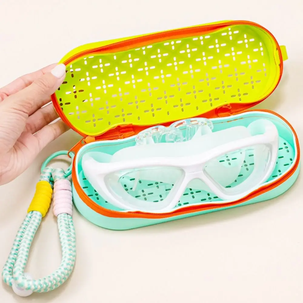 Portable Swimming Glasses Case Large Capacity Drain Hole Silicone Glasses Organizer Zipper Closure with Handle Rope