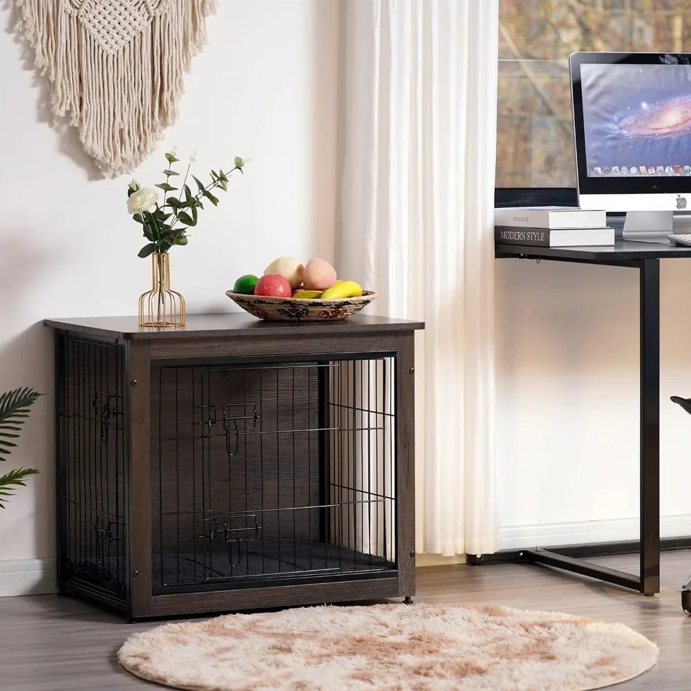 Dog Crate Furniture with Cushion, Wooden Crate with Double Doors, Dog Kennel Indoor for Small/Medium/Large Dog, End Table