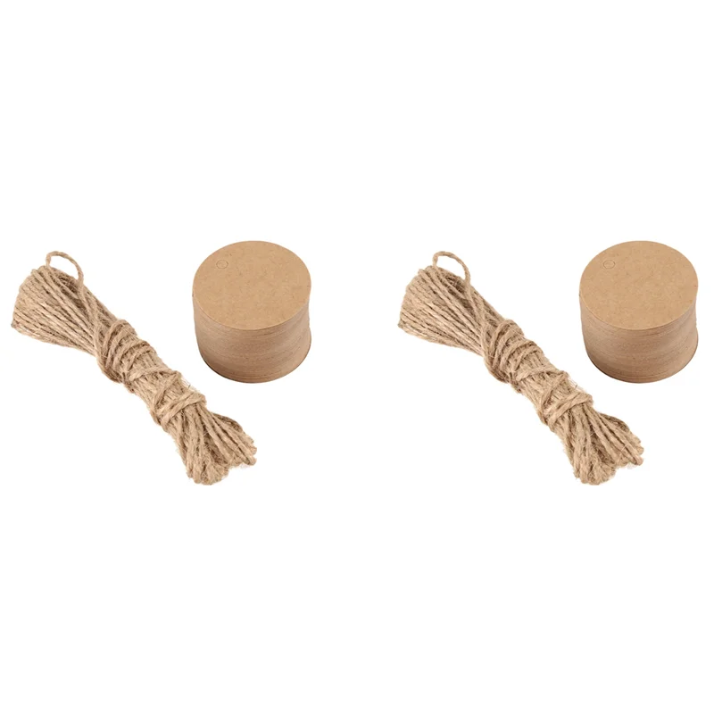 100 Buah Label Hadiah Kraft Bulat dengan Tali Rami