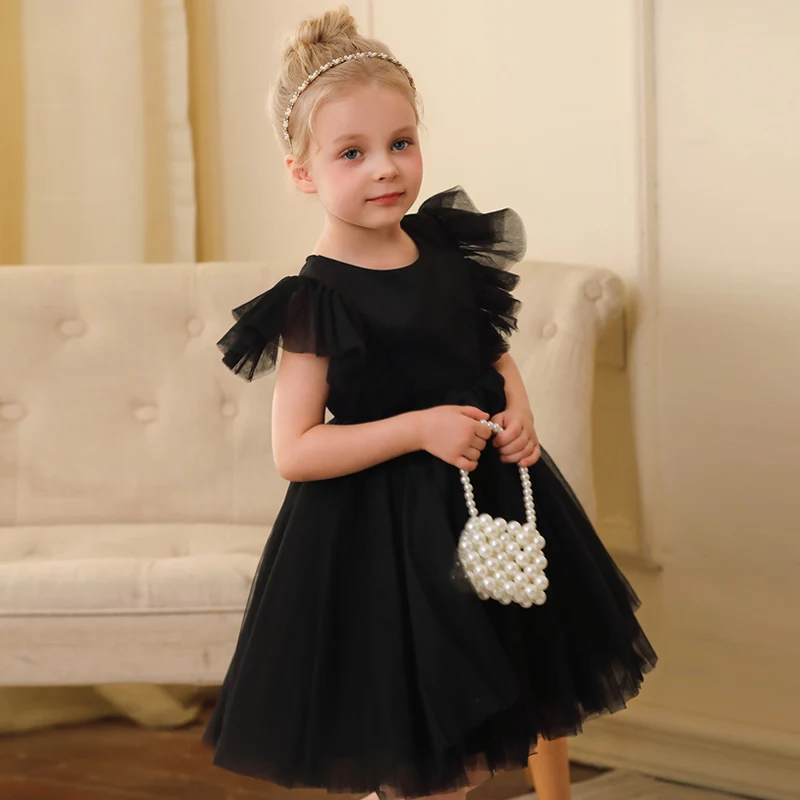 Kids Mesh Sleeveless Dress Girl Black Dresses Simple Soild Children Gown