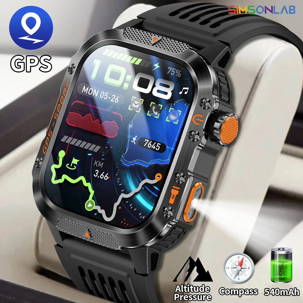 SIMSONLAB 2026 New Military GPS Smartwatch 2.01'Screen AI Voice BT Call 30m Deep Waterproof Heart Rate Flashlight Outdoor Sport