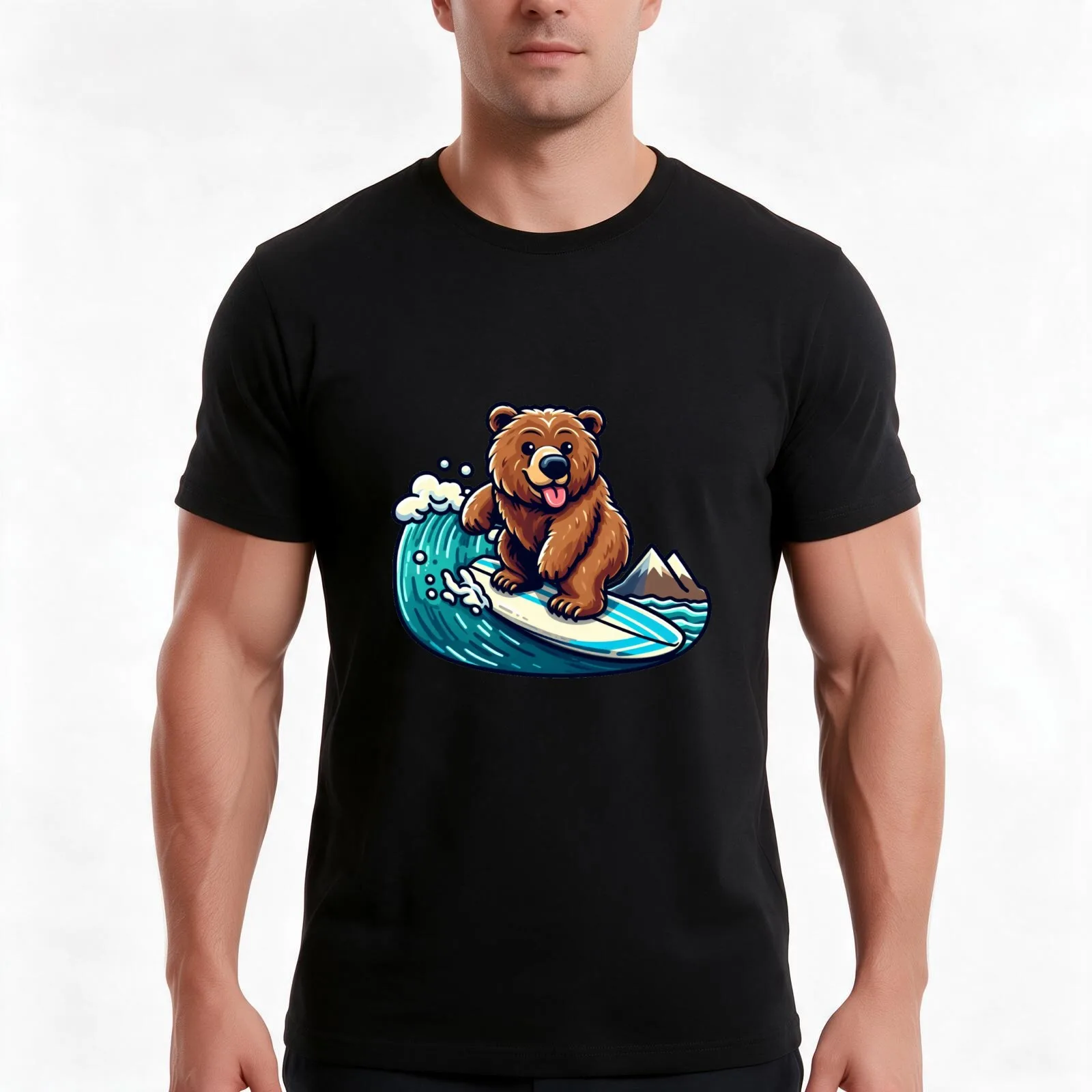 Bear Surfing - Prodigious T-Shirt, Summer Casual Cotton Tee, Oversized Streetwear Tops, Vintage Graphic Print, Unisex Men Women