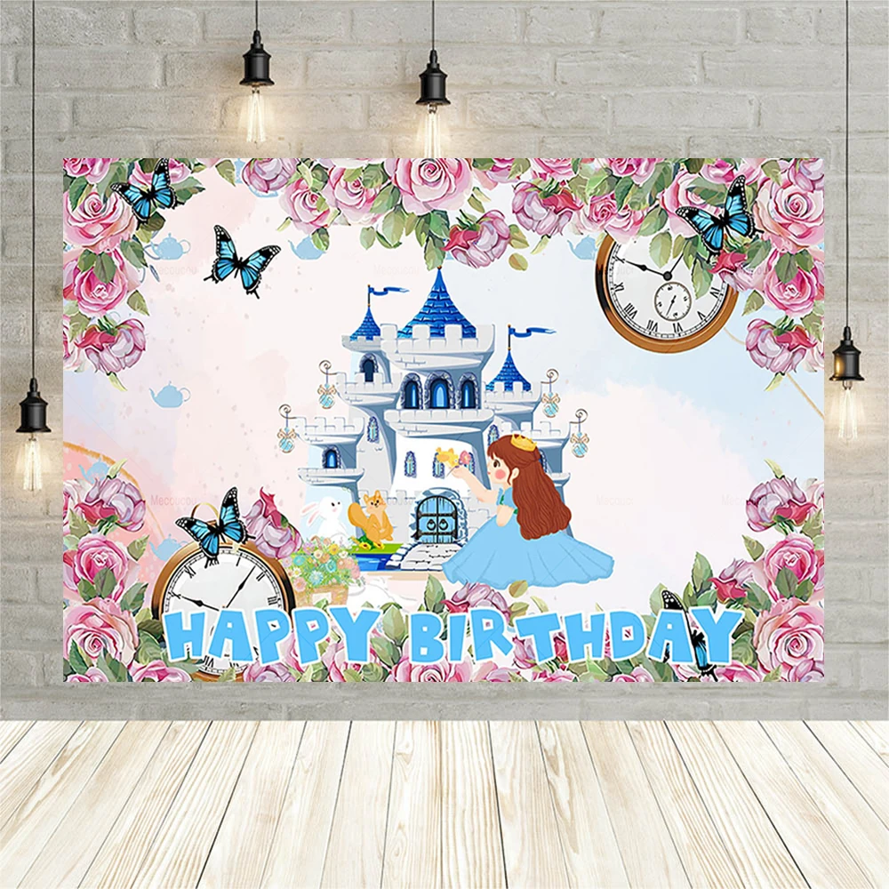 Tea Party Background Princess First Birthday Party Decorations Card Magic Rabbit Alice in Wonderland Baby Shower Photo Backdrop