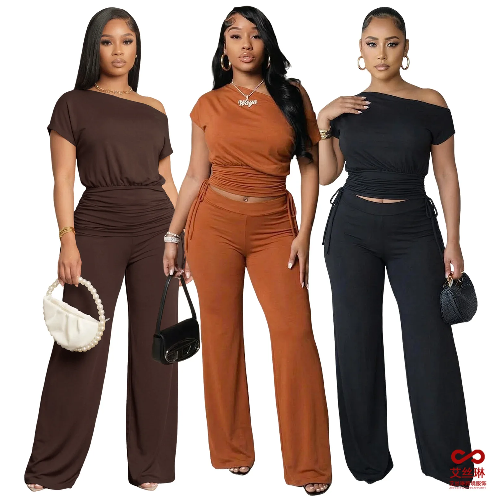 

Two Pieces Women Pant Sets Pleated Matching Set Asymmetric Neckline Top Elastic Waist Skinny Pants Slim Fit Casual 2026 Summer
