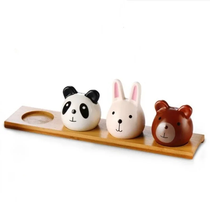 27*6CM Kitchenware Korean Cartoon Panda Animal Seasoning Jar Tray Set Kitchen Household Supplies Salt Pepper Powder Sugar Bottle