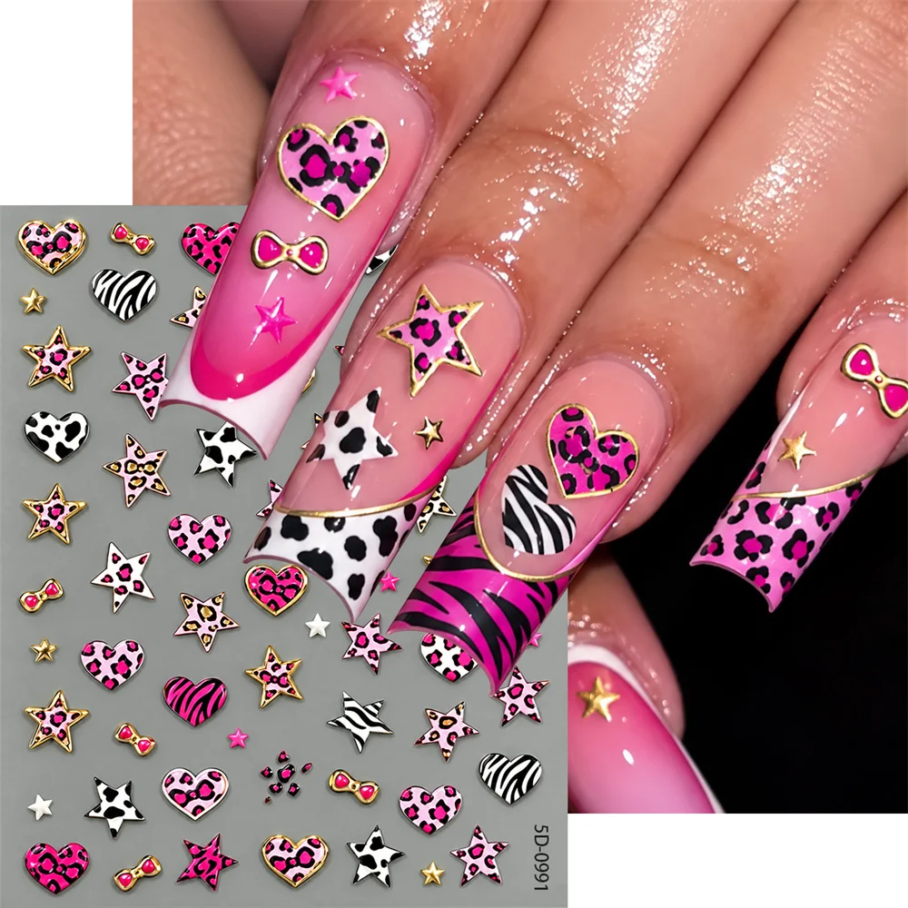 1Pc Vibrant Fun Nail Sticker Mixed Animal Print Heart Star Gold Trim Decals Self-Adhesive DIY Manicure for Night Party Nail Art