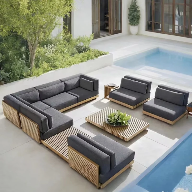 Villa luxury teak outdoor sofa solid wood waterproof sunscreen courtyard set hotel garden sofa set teak outdoor furniture set
