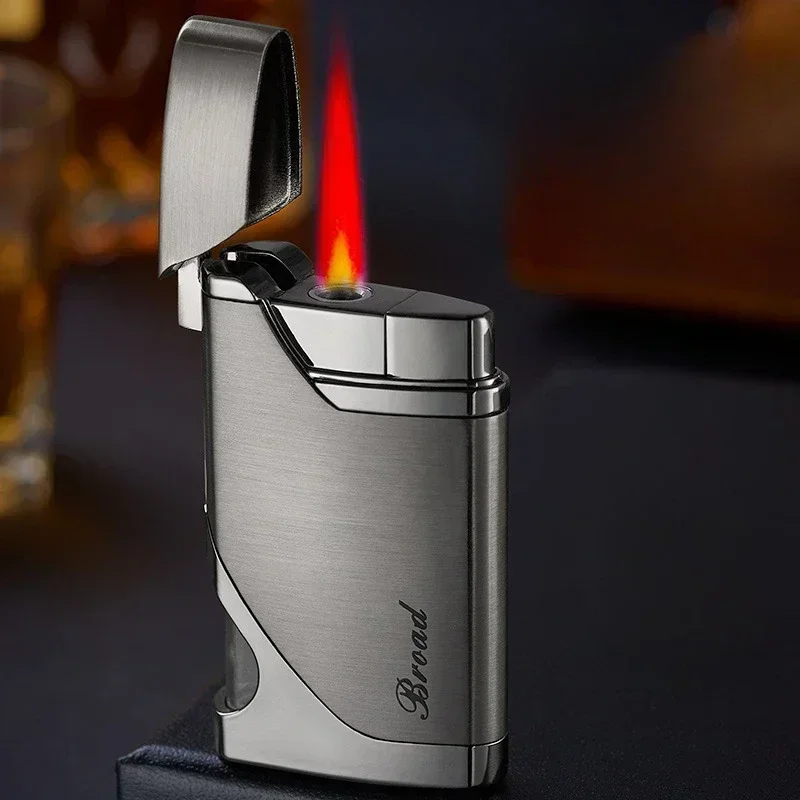 Metal Windproof Butane Gas Lighter with Transparent Gas Window, Refillable, Turbo Torch for Cigar, Red Flame Personalized Design