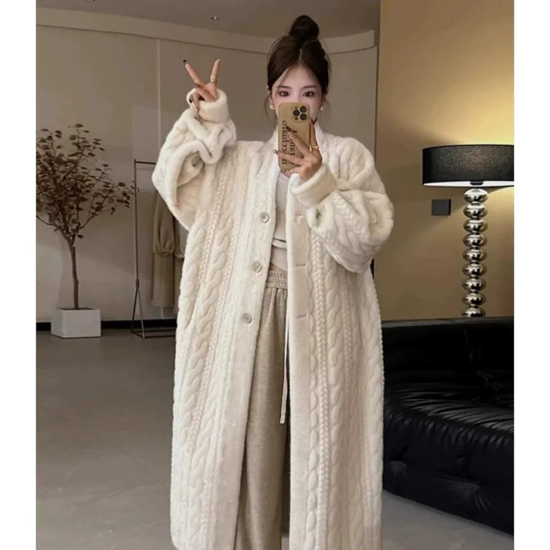 Winter Light Khaki Embossing Twist Pattern Faux Mink Fur Coat CHIC Women Below Knee Full Sleeve Loose Warm Long Jacket Outercoat