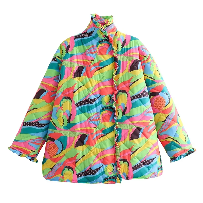 Geometrie Druck Bunte Baumwolle gefütterte Kleidung Mantel Winter Warme Mode Jacke Lässige Mode Dame Lange Ärmel Tops Streetwear