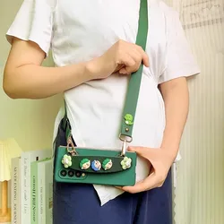 Cute Cartoon Flower WristBand Holder Green Matte Case Cover With Crossbody Long Strap For Samsung Galaxy Z Fold 7 6 5 4 3 2 5G