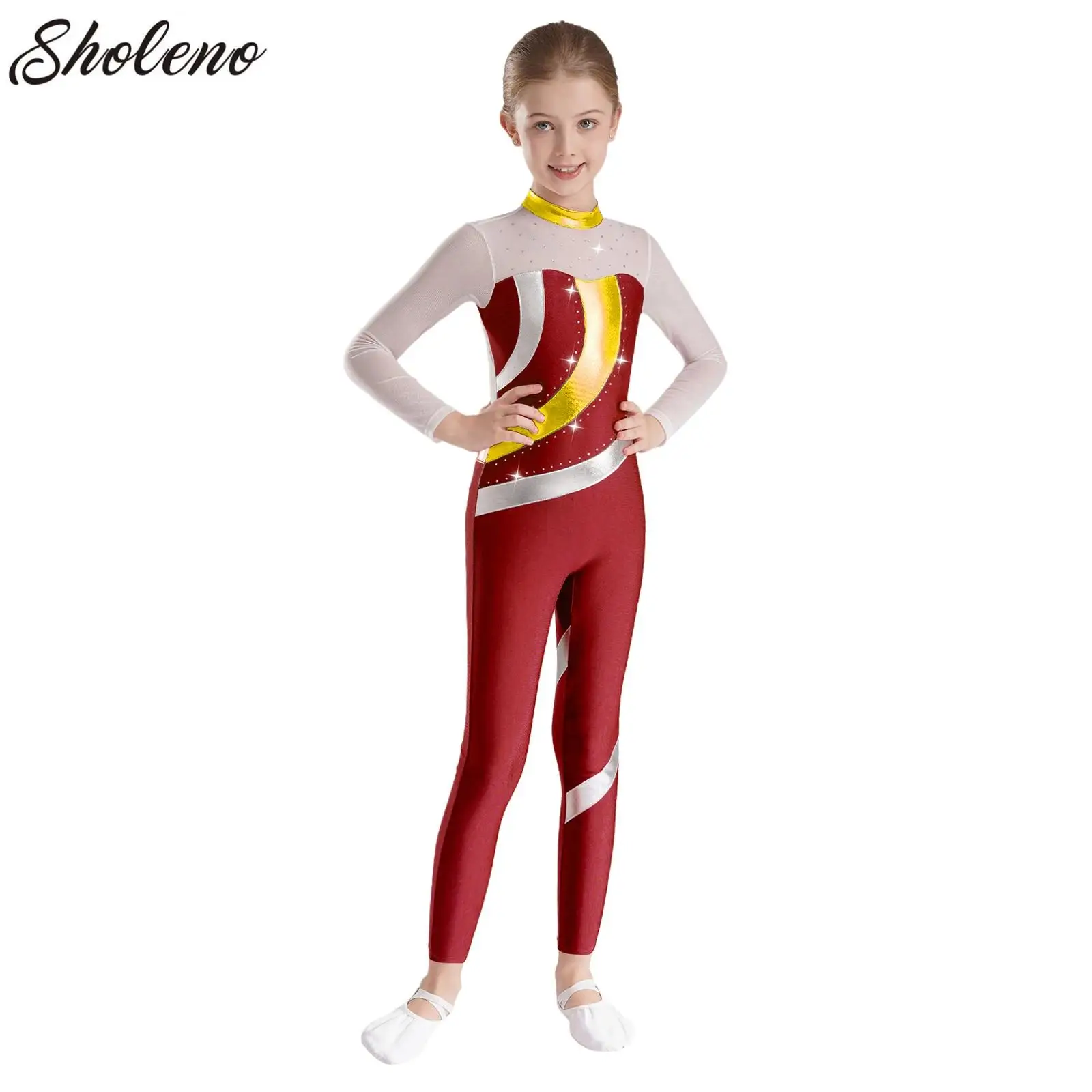 Kid Girls Contrast Color Jumpsuit Sheer Mesh Full Length Ballet Dance Bodysuit Unitard for Gymnastics Figure Skating Performance