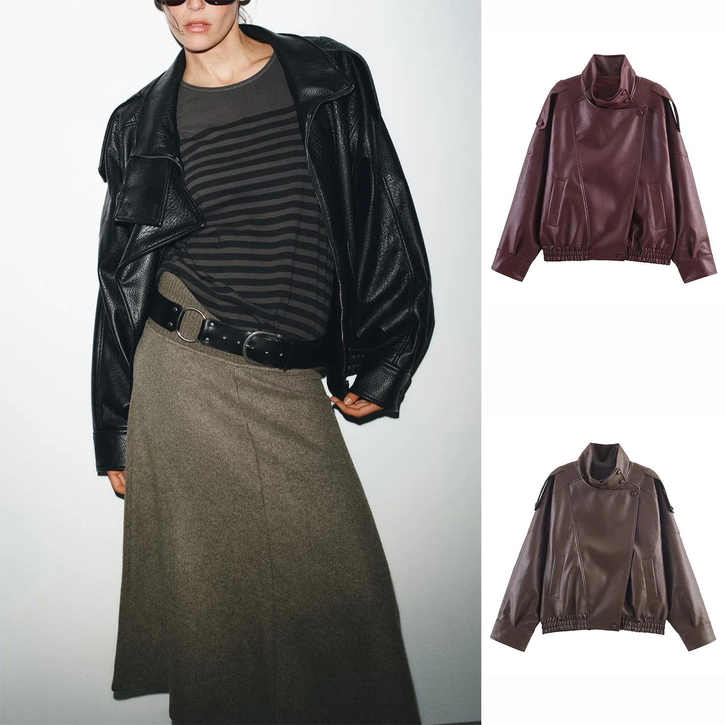 Fall New Women's Design Zipper Decorated PU Leather Long Sve Stand Collar Jaet Coat ort Sle for Ladies