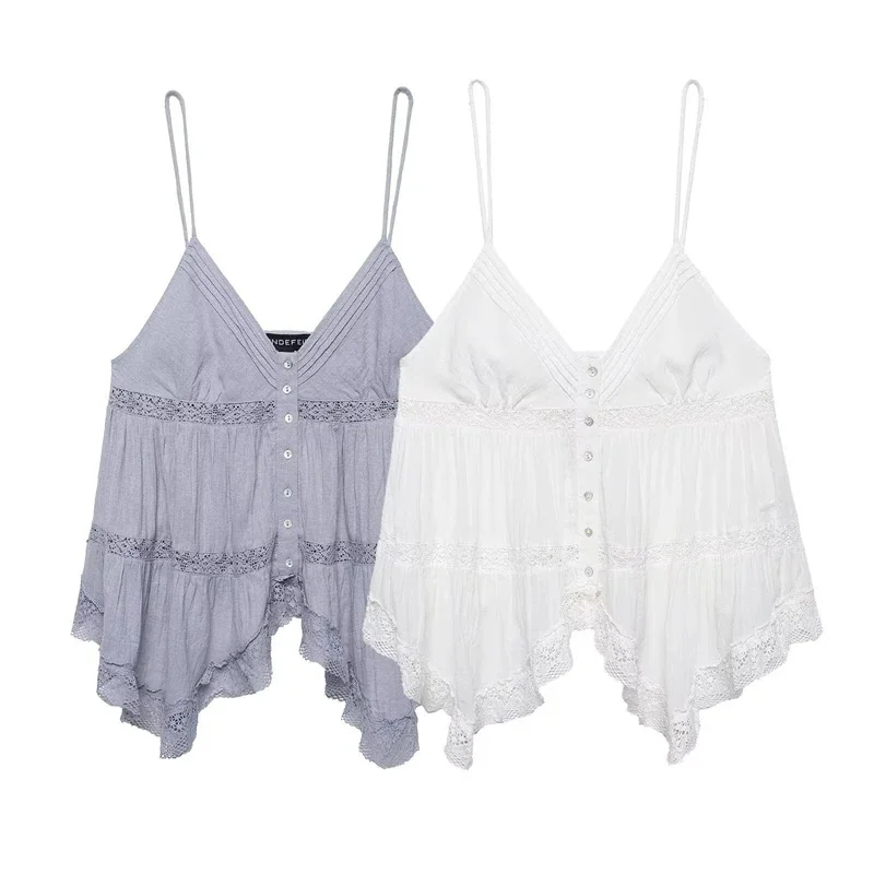 

Summer 2026 Women's White Lace Trim Spaghetti Strap Cami Top V Neck Button Down Ruffle Hem Boho Peplum Top