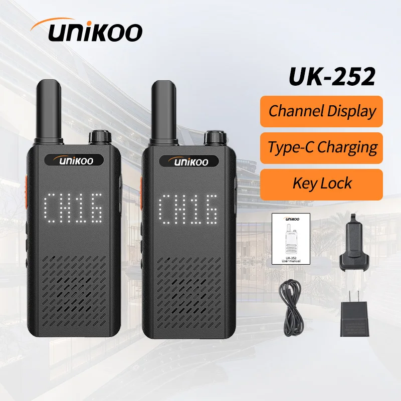 2 PZ UNIKOO UK252 15mm Mini Walkie Talkie ultrasottile UHF FRS Tipo C Ricarica Set di comunicazione a lungo raggio Radio bidirezionali