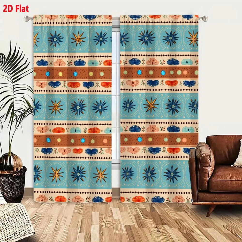 2Pcs Curtains 2D Flat Vibrant Teal Terracotta Folk Art Pattern With Star Motifs And Butterflies For Wallpaper Or Fabric Window D