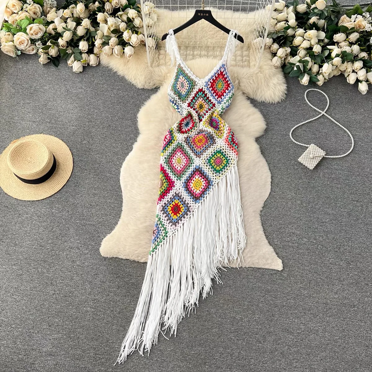 

Tassel Knit Long Dress Women Hook Hollow Out Strap Hohemian Slim Sleeveless Ladies Vacation Casual Beach Dresses