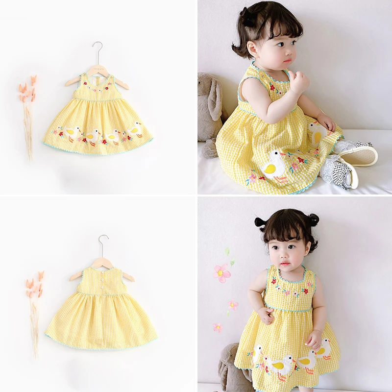 Baby girl Summer Dress with Embroidered Flowers & Cartoon Ducks - Cute Toddler Fashion