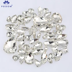 PEESOM 60pcs/bag Mixed Shape Crystal Glass Rhinestone Sliver/Gold Claw Flatback Clear Sew On Stone Dress Shoes DIY Accessories