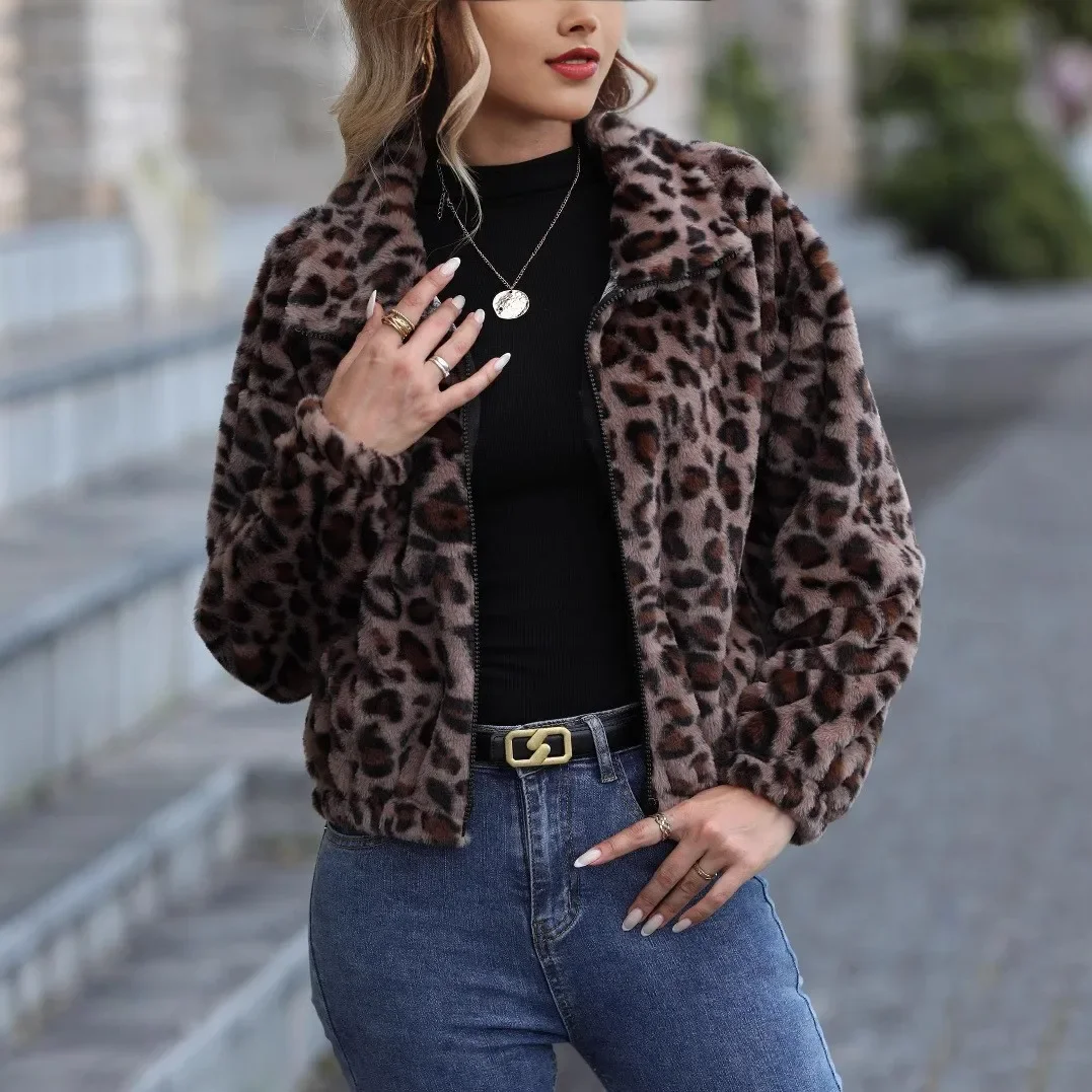 Zekye Winter Women Jacket Leopard Print Thick Plush Hooded Warm Long Sleeve Coat Soft Zipper Loose Cardigan Lady Coat