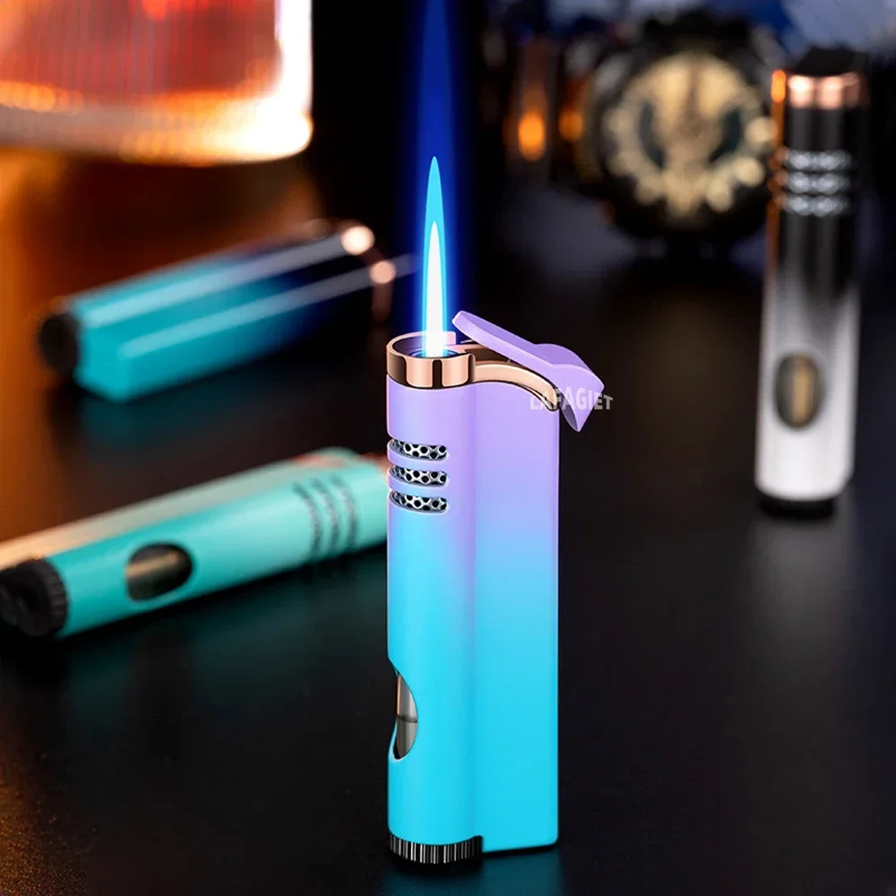 Windproof Torch Gas Lighter Powerful Tube Straight Blue Fire Turbo Pipe Butane Refillable Jet Flame Lighter Creative Smoker Gift