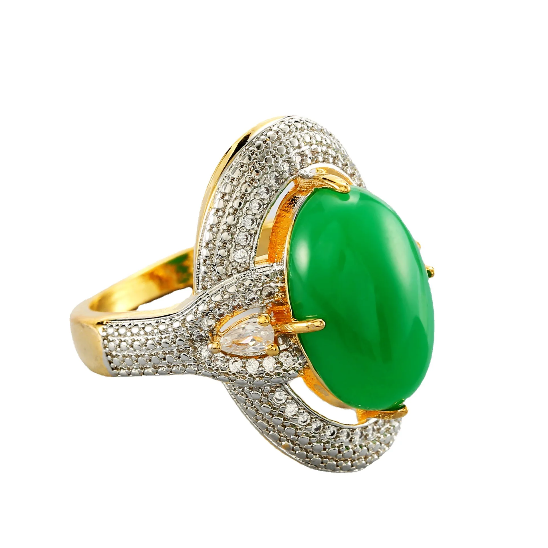 Hot selling European and American women's 18k gold-plated color-separated inlaid emerald jasperian micro-studded diamond ring