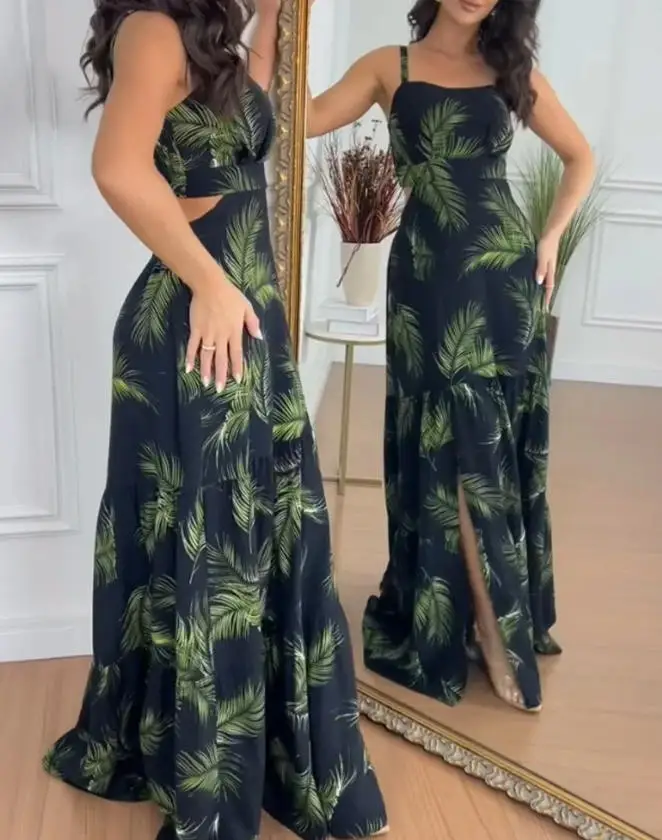 

Women's Dress 2026 Spring New Tropical Print Ruffle Hem Maxi Dress Sexy Cutout Adjustable Strap Slit Beach Vacation Dress